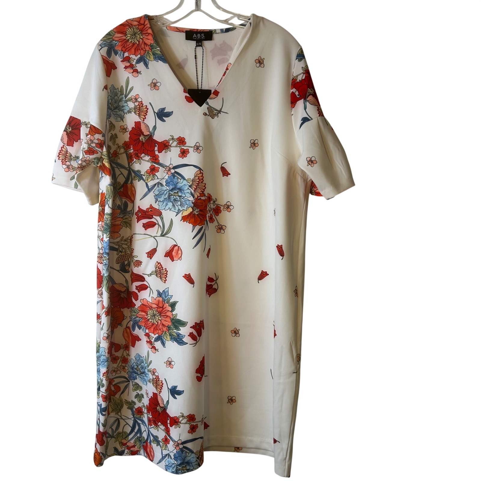 Abs Collection Floral Oriental Print V-Neck Bell Sleeve Shift Dress Xl White